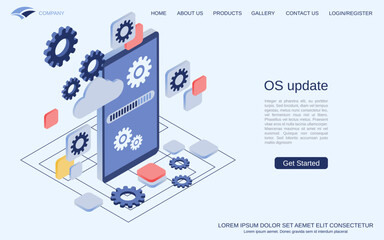 OS update, application upgrade, software installation modern 3d isometric vector concept illustration. Landing page design template