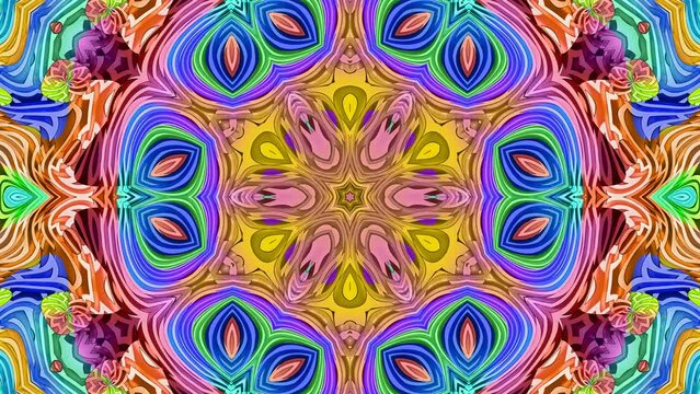 Colorful kaleidoscope variations of bright beautiful, fabulous, outlandish patterns. Fantastic, fairy flowers blooming, blossoming. Hypnotic changes of multicolored floral ornament. 4K UHD 4096x2304