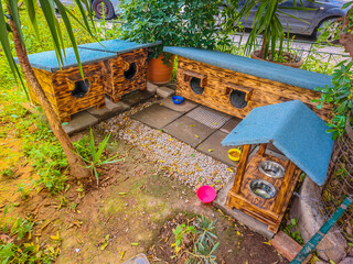 Self made shelters for feral cats and dogs by local volunteers and inhabitants of Athens. Place for feeding and sleeping for local animals © Audrius