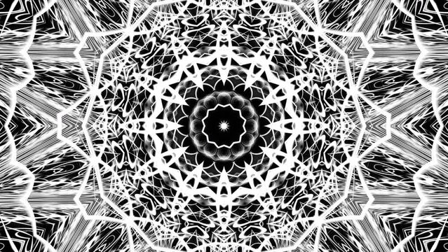 White round lace tanglement kaleidoscopic transformation on black. Monochrome abstract background metamorphoses. Rays radiating from centre, moving and making mandala. 4K UHD 4096x2304