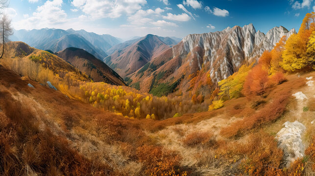 Panorama of Autumn in the mountains. Generative Ai. 
