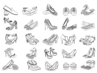 collection of shoes, set of shoes icon, shoes sketches, ladies shoes collection, ladies shoes icon set