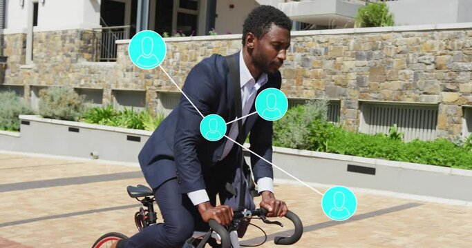 Animation of connections with data processing over african american businessman with bike