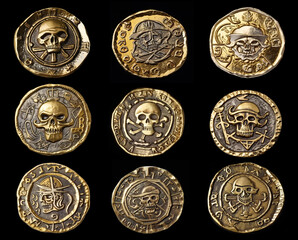 Pack of 9 pirates gold coins medals treasure isolated on black background, reworked and enhanced ai generated illustration