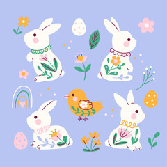 Happy Easter, decorated Easter card. Bunnies, Easter eggs, flowers and rabbit