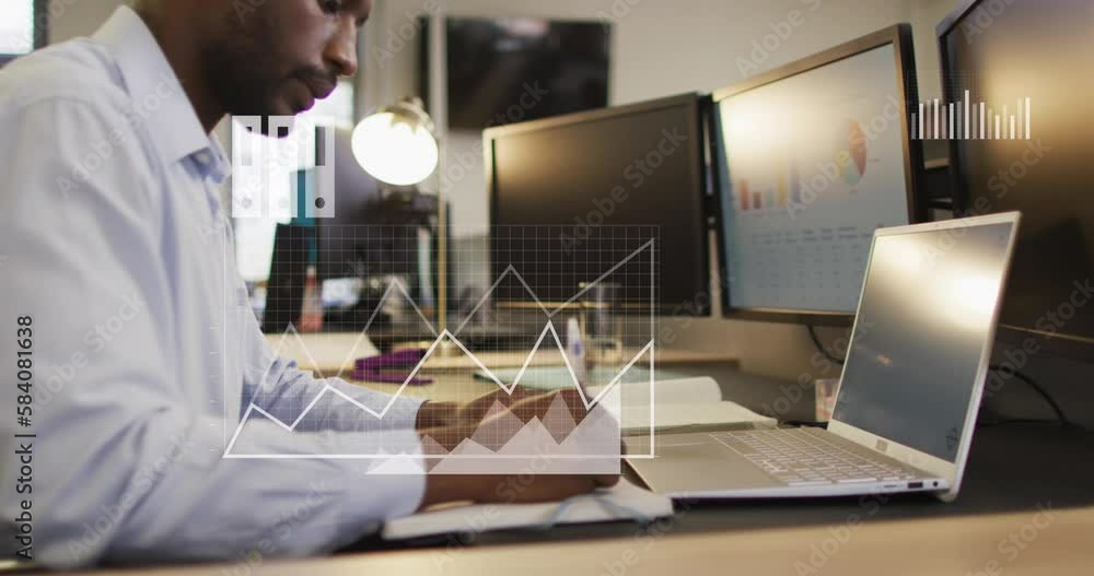 Poster animation of data processing over african american businessman using computer in office