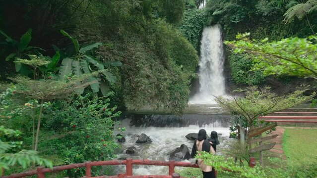 Tourist attractions of the Bangkong waterfall in Kuningan city. Waterfall in tropical forest. Waterfall in 4k