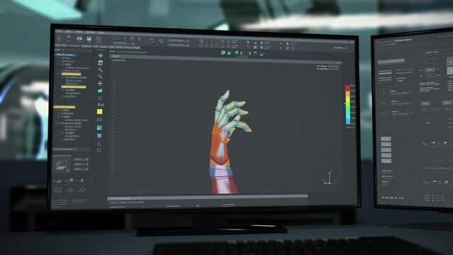 Modern UI of the high-tech 3D limbs development program shown on the screen. Modern development system UI producing the virtual hand model. Modern UI displays the development of robotic arm prototype.