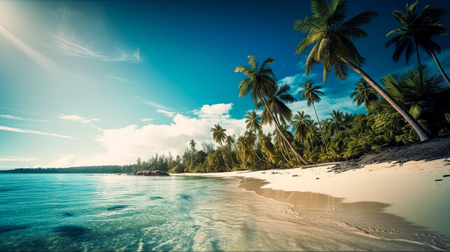 Beautiful Tropical beach with palm trees. Generative Ai.  Ocean Sky view, clouds, paradise, exotic. 
