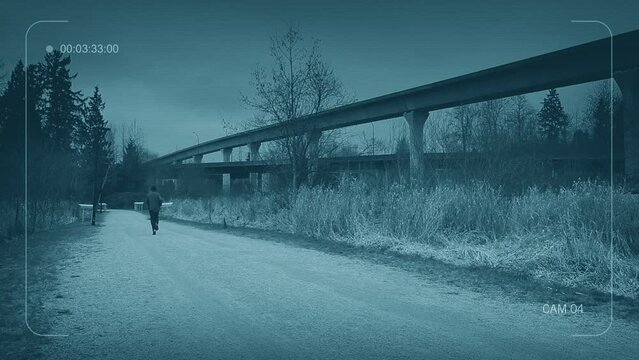 CCTV Man Runs Near Highway, Suspect, Victim, Crime Concept