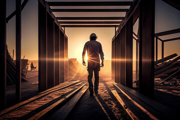 construction worker in a helmet at work sunset, Generative AI