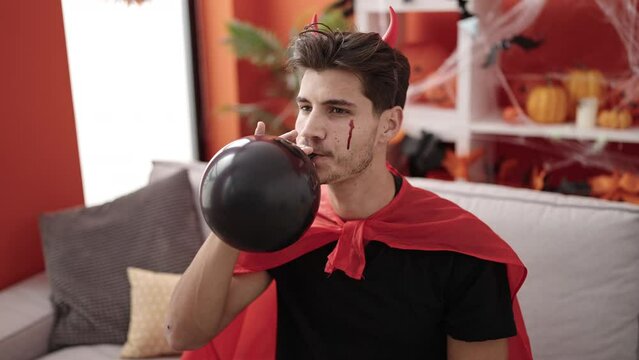 Young hispanic man wearing devil costume inflating balloon at home