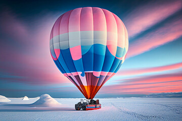 colorful hot air balloon flying snowy mountains lake landscape with clouds sky, pink blue pastel, Generative AI