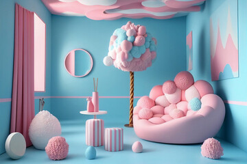 blue pink funny fantasy interior with cloud and sweets for child girls, pastel color, generative AI