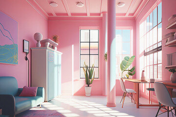 pink white girls home interior with window sun shadow light, generative AI