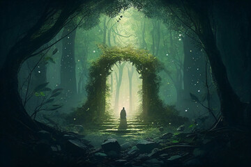 silhouette meditation in the cave forest magic light, clean mind, generative ai
