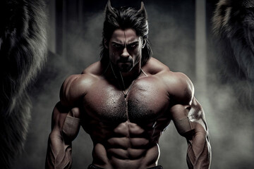 Fototapeta na wymiar muscular naked bodybuilder wolf in dark gym, Generative AI