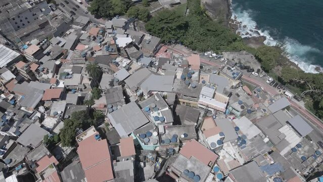 Birds eye view Drone flight over Rocinha Favela - Rio de Janeiro