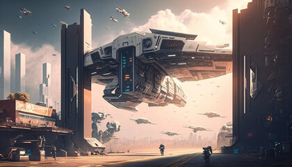 jet plane flying over city skyline landscape