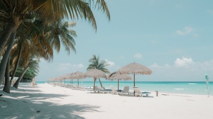 Fototapeta premium Serenity by the Sea: A Peaceful Tropical Beach with Pristine Sand and Palm Trees, AI-Generated