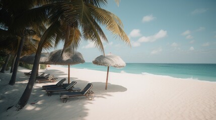 Obraz na płótnie Canvas Escape to the Tropics: A Serene Beach with Towering Palms and Pristine Sand, AI-Generated