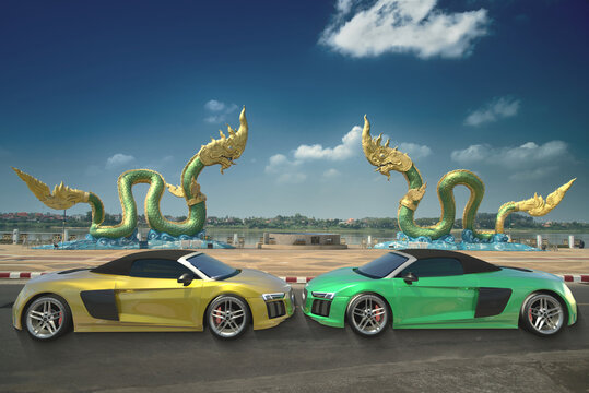 Nong Khai , Thailand - March 17, 2022: Audi R8 Spyder sports cars and Naga statue -  3D render illustration and photograph manipulation..