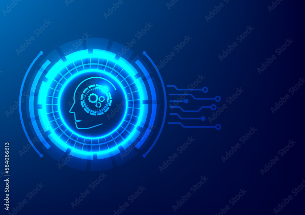 Poster ai artificial intelligence. robot system. gpt technology blue background futuristic. ai brain learni