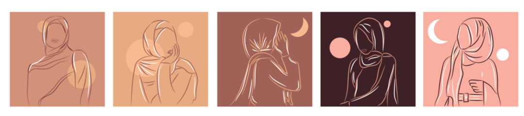 Set of drawn Arabian women on color background