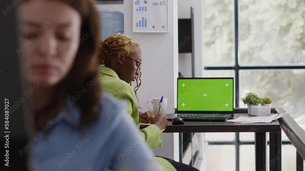 Aufkleber executive assistant analyzing green screen display on pc, using laptop with chroma key copyspace dis