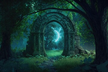 Archway in forest that leads to another dimension. Generative AI