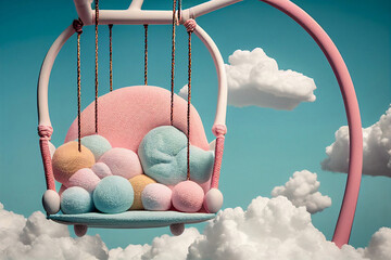 swing in the sky sweet dreams baby daytime sleep in pink blue white color, generative AI