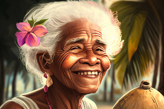 old tanned woman on a paradise island with coconuts and palm trees, generative AI