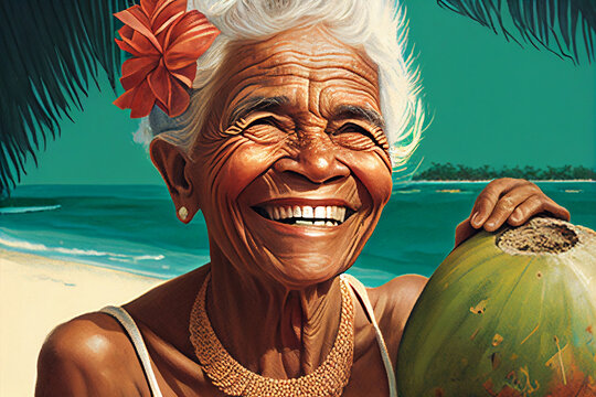 old tanned woman on a paradise island with coconuts and palm trees, generative AI