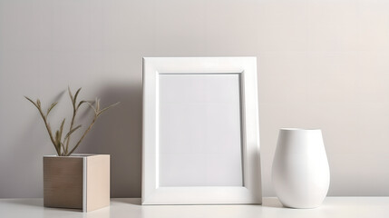 Blank photo frame on a table mockup (ai generated)