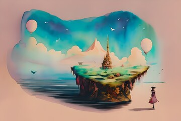  Image of a person walking on a floating island Fantasy, Adventure Generative AI