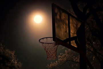 Fototapeta na wymiar basketball hoop at night with moon ball, generative ai