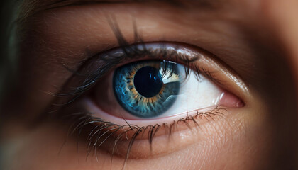 close up of beautiful blue eye pupil vision long eyelashes, generative ai