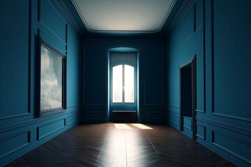 empty blue interior room with wall picture frame, day light, generative ai