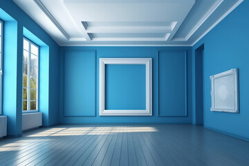 Fototapeta premium empty blue interior room with wall picture frame, day light, generative ai