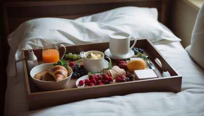 Fototapeta na wymiar breakfast in bed coffee croissants orange juice fruits berries, white and wooden interior, generative ai