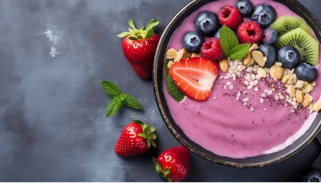 organic food dessert smoothie bowl with strawberry mint raspberry and blueberry healthy fresh dessert, generative ai