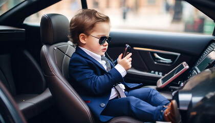 baby child boy boss businessman in suit tie and sunglasses talking on the phone in the car, generative AI