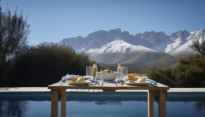 floating breakfast in bed with mountains sun snow and pool amazing Alps view, luxury travel rest, generative AI