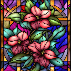 Stained glass window with flower bouquet. Generative AI