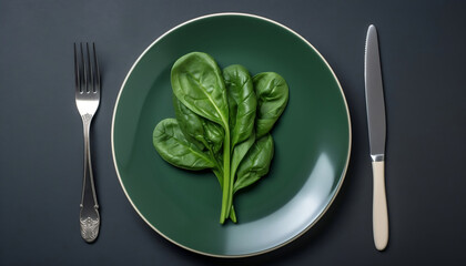 green spinach leaves on a plate with cutlery, hungry diet, Generative AI