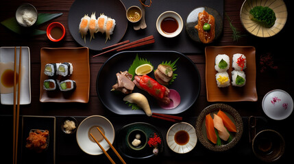 Japanese Cuisine and Sushi Flat Lay - Moody Food Photography with Top Down Shots of Asian Food Display on Aged Wood - Generative AI