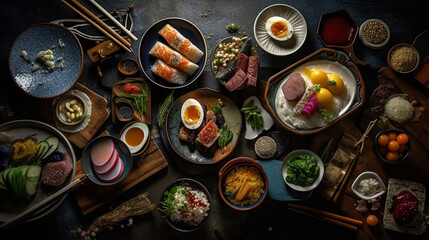Obraz na płótnie Canvas Japanese Cuisine and Sushi Flat Lay - Moody Food Photography with Top Down Shots of Asian Food Display on Aged Wood - Generative AI