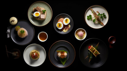 Japanese Cuisine and Sushi Flat Lay - Moody Food Photography with Top Down Shots of Asian Food Display on Aged Wood - Generative AI