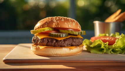 image of a hamburger and fries on a sunny day, Generative AI