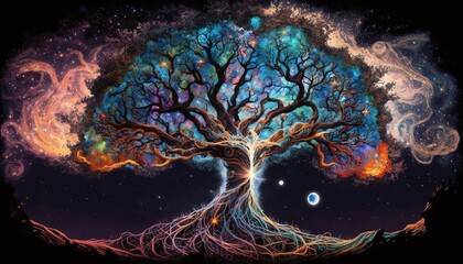Cosmic Tree with Very Colorful and Galactic Effects Generated by AI